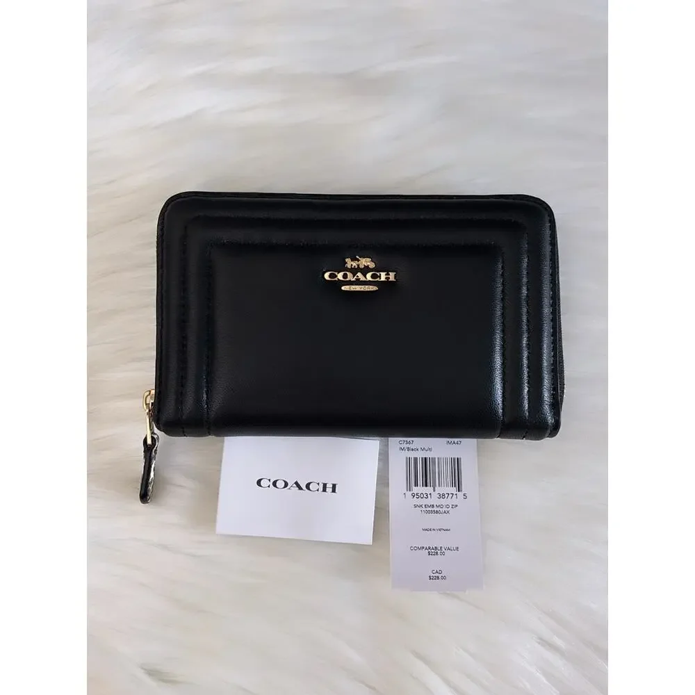 Coach Black Leather Quilted Zip-Around Wallet with Gold Logo